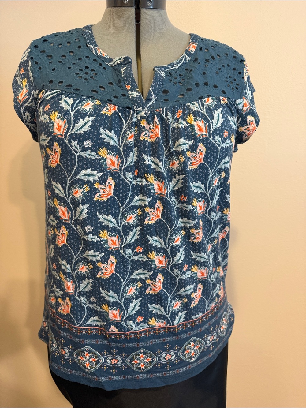 Daniel Rainn blue Floral Eyelet Yoke Blouse